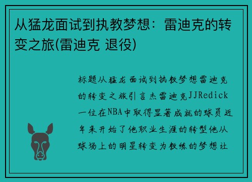 从猛龙面试到执教梦想：雷迪克的转变之旅(雷迪克 退役)