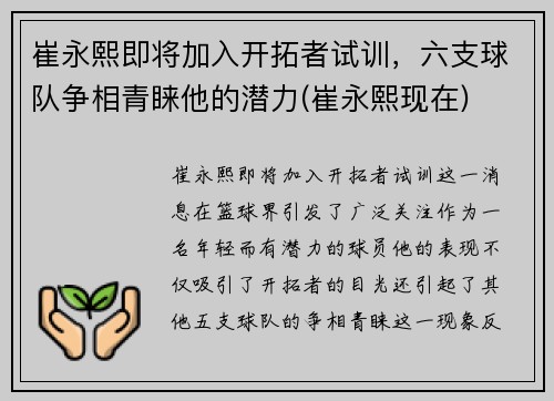 崔永熙即将加入开拓者试训，六支球队争相青睐他的潜力(崔永熙现在)