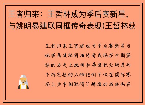 王者归来：王哲林成为季后赛新星，与姚明易建联同框传奇表现(王哲林获得mvp)