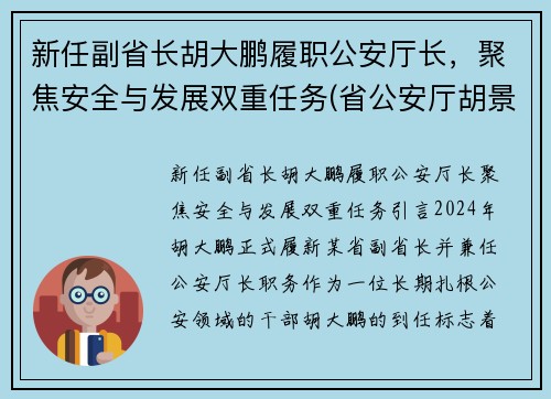 新任副省长胡大鹏履职公安厅长，聚焦安全与发展双重任务(省公安厅胡景辉)